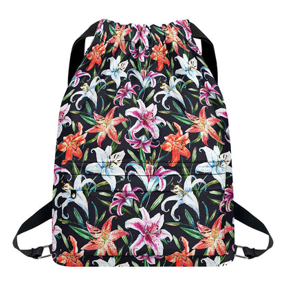 Watercolor Lily Flowers Pattern Print Drawstring Backpack