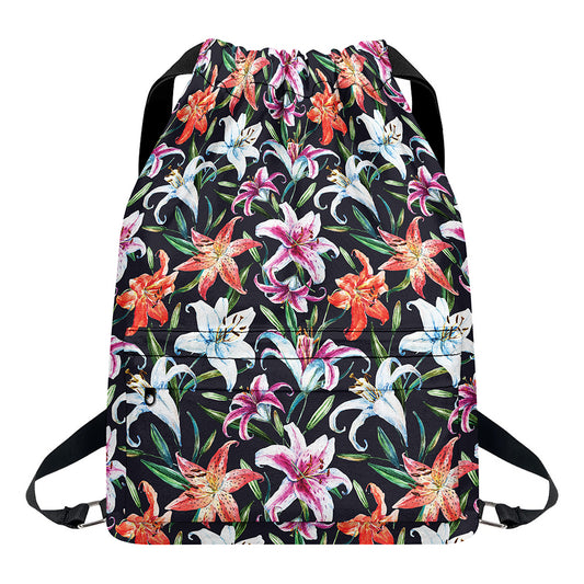 Watercolor Lily Flowers Pattern Print Drawstring Backpack