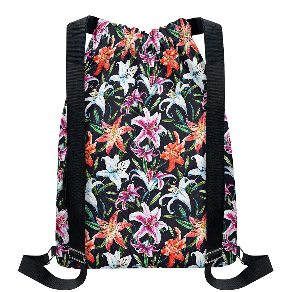 Watercolor Lily Flowers Pattern Print Drawstring Backpack