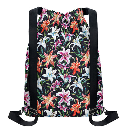 Watercolor Lily Flowers Pattern Print Drawstring Backpack