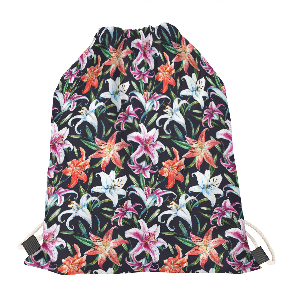 Watercolor Lily Flowers Pattern Print Drawstring Bag