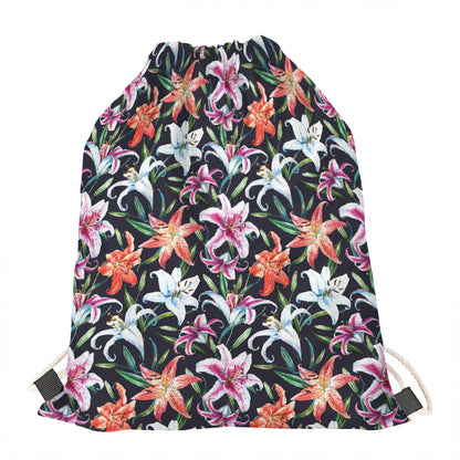 Watercolor Lily Flowers Pattern Print Drawstring Bag