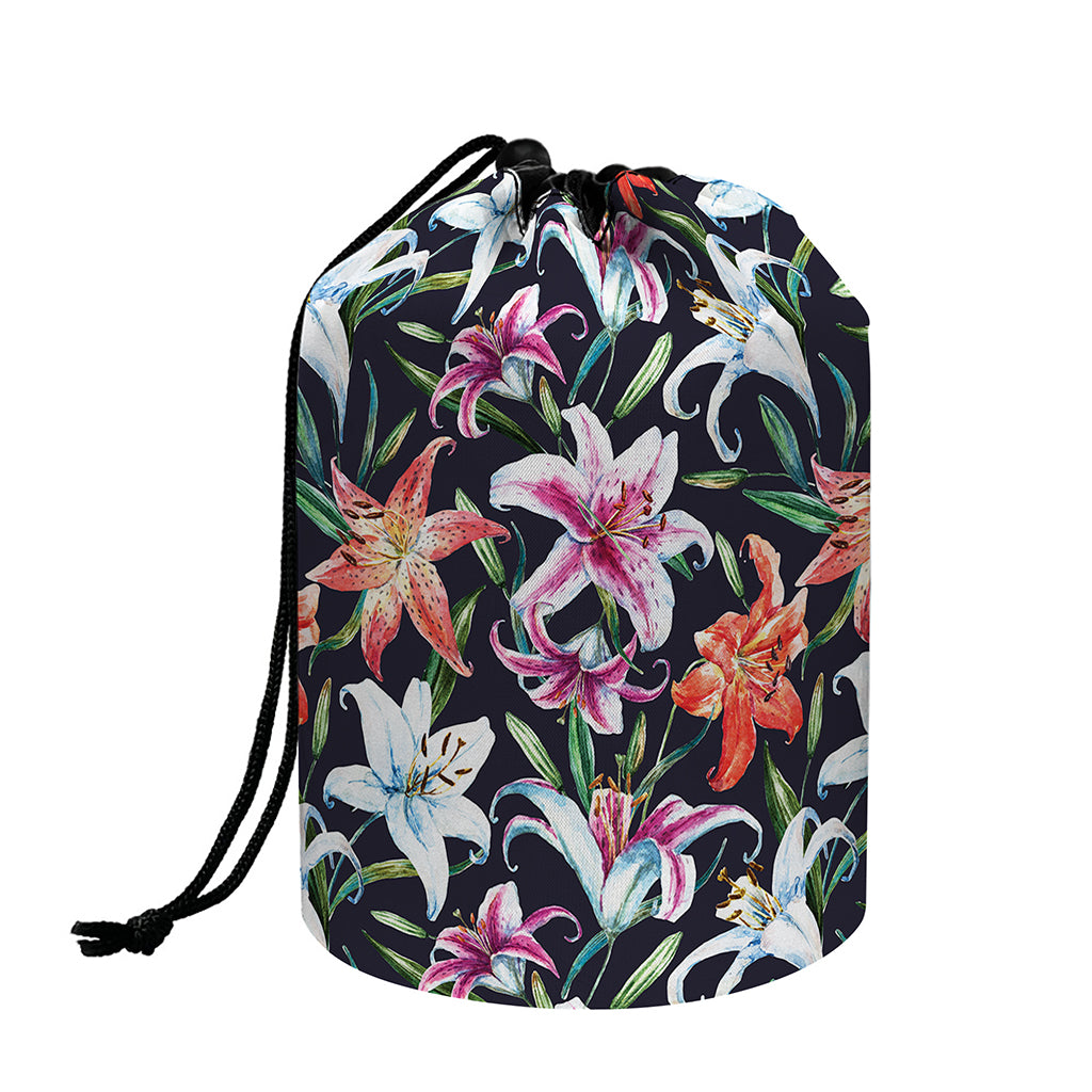 Watercolor Lily Flowers Pattern Print Drawstring Makeup Bag