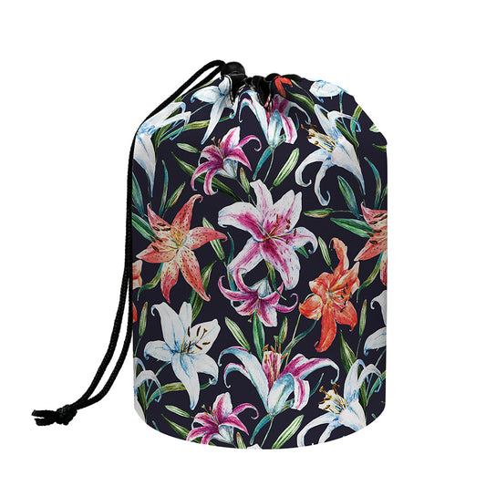 Watercolor Lily Flowers Pattern Print Drawstring Makeup Bag