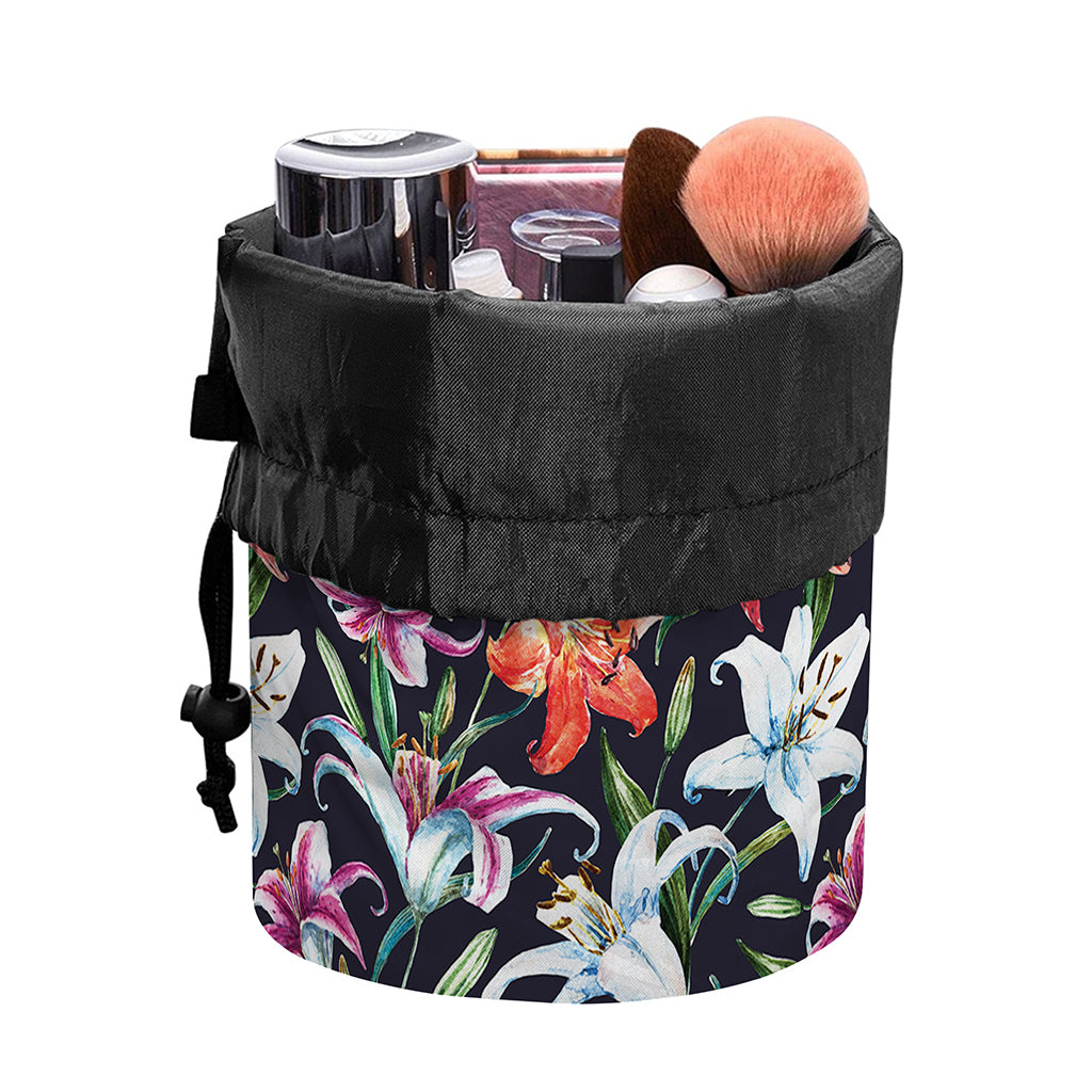 Watercolor Lily Flowers Pattern Print Drawstring Makeup Bag
