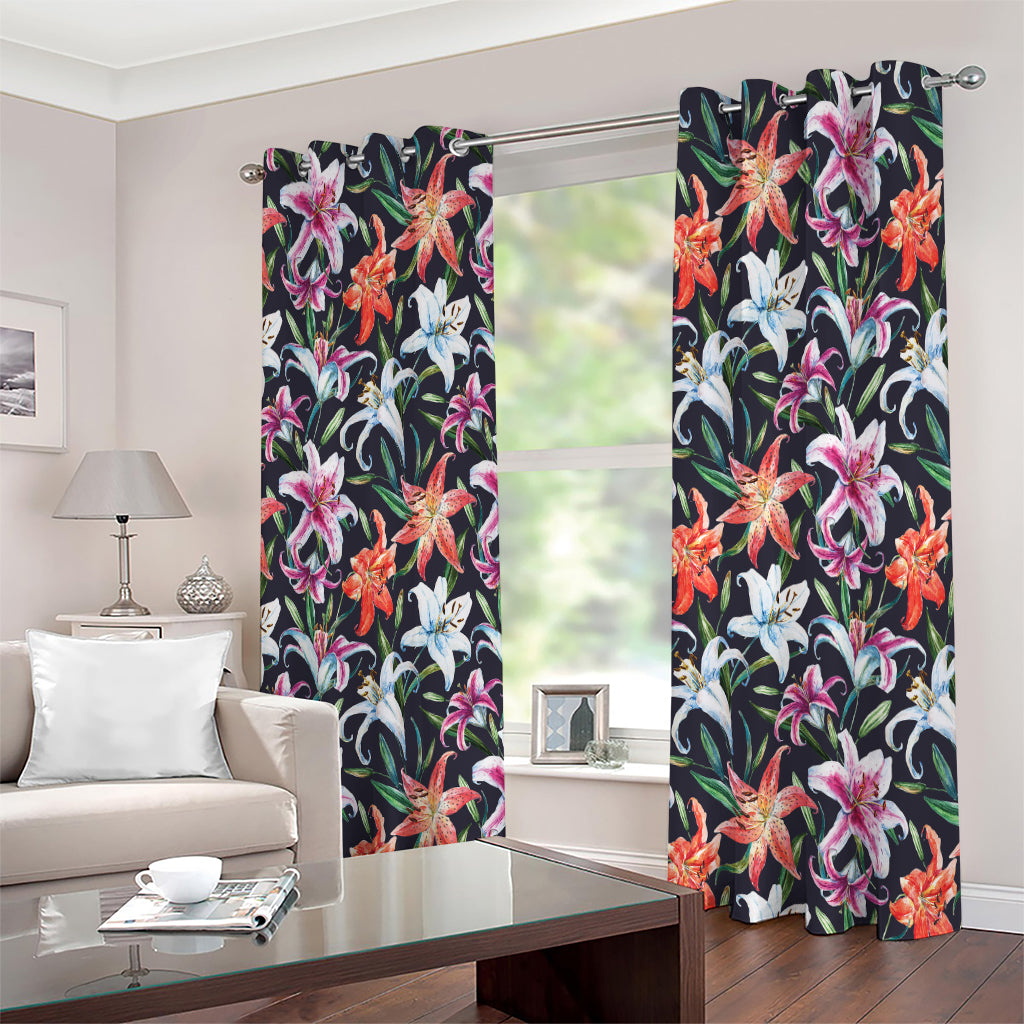 Watercolor Lily Flowers Pattern Print Extra Wide Grommet Curtains