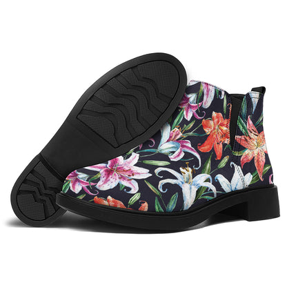 Watercolor Lily Flowers Pattern Print Flat Ankle Boots