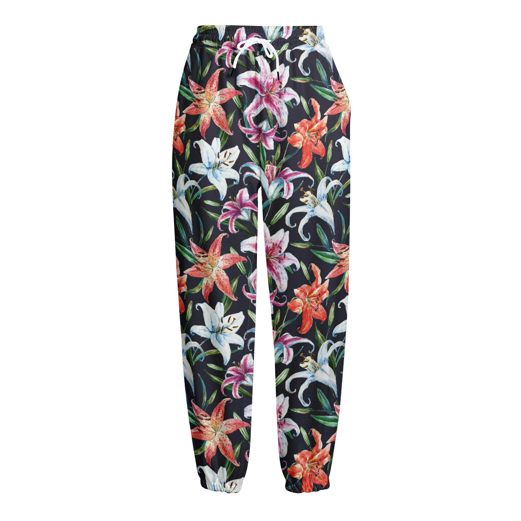 Watercolor Lily Flowers Pattern Print Fleece Lined Knit Pants