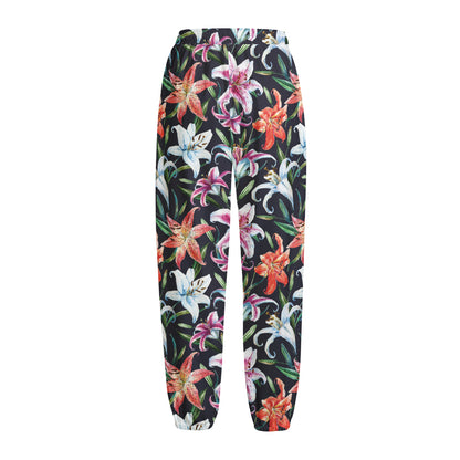 Watercolor Lily Flowers Pattern Print Fleece Lined Knit Pants