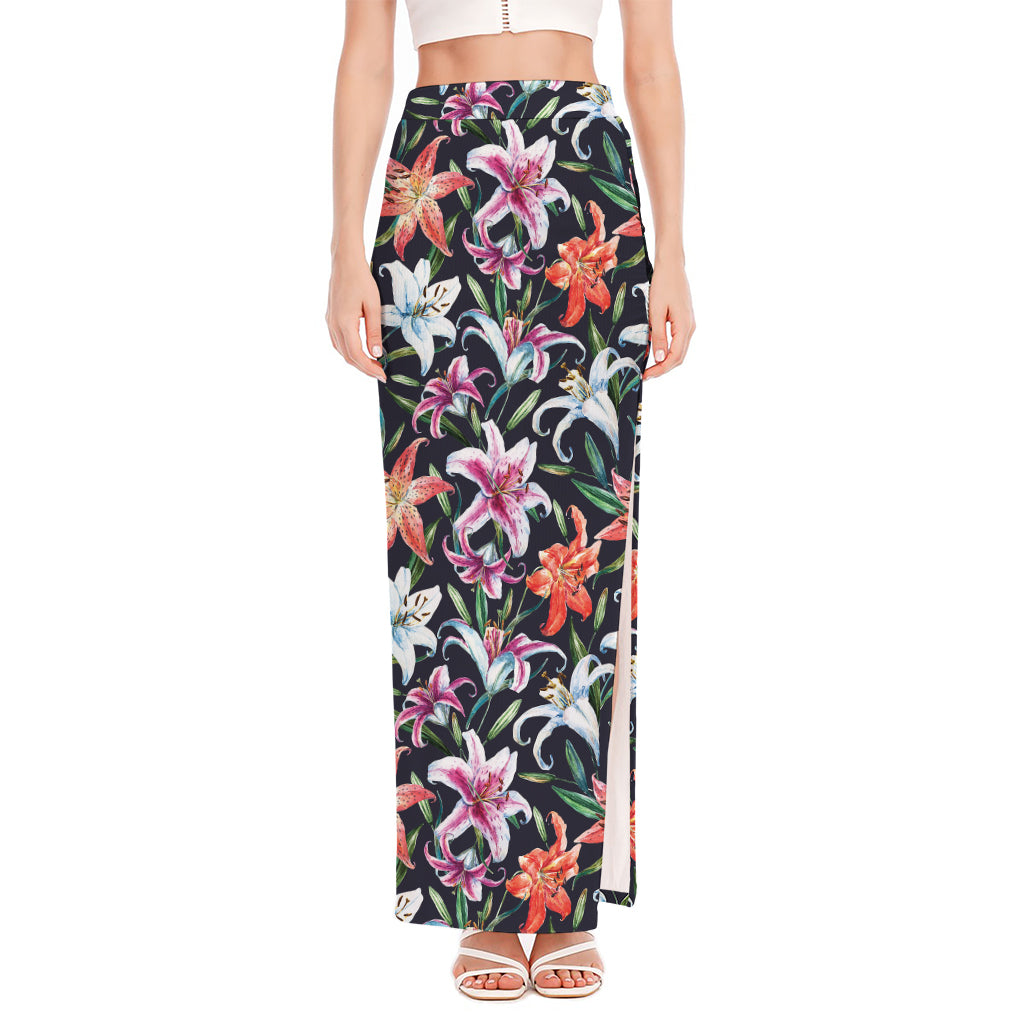 Watercolor Lily Flowers Pattern Print High Slit Maxi Skirt