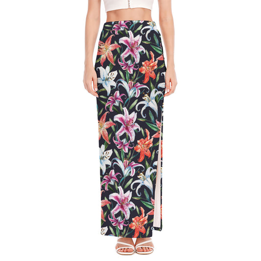 Watercolor Lily Flowers Pattern Print High Slit Maxi Skirt