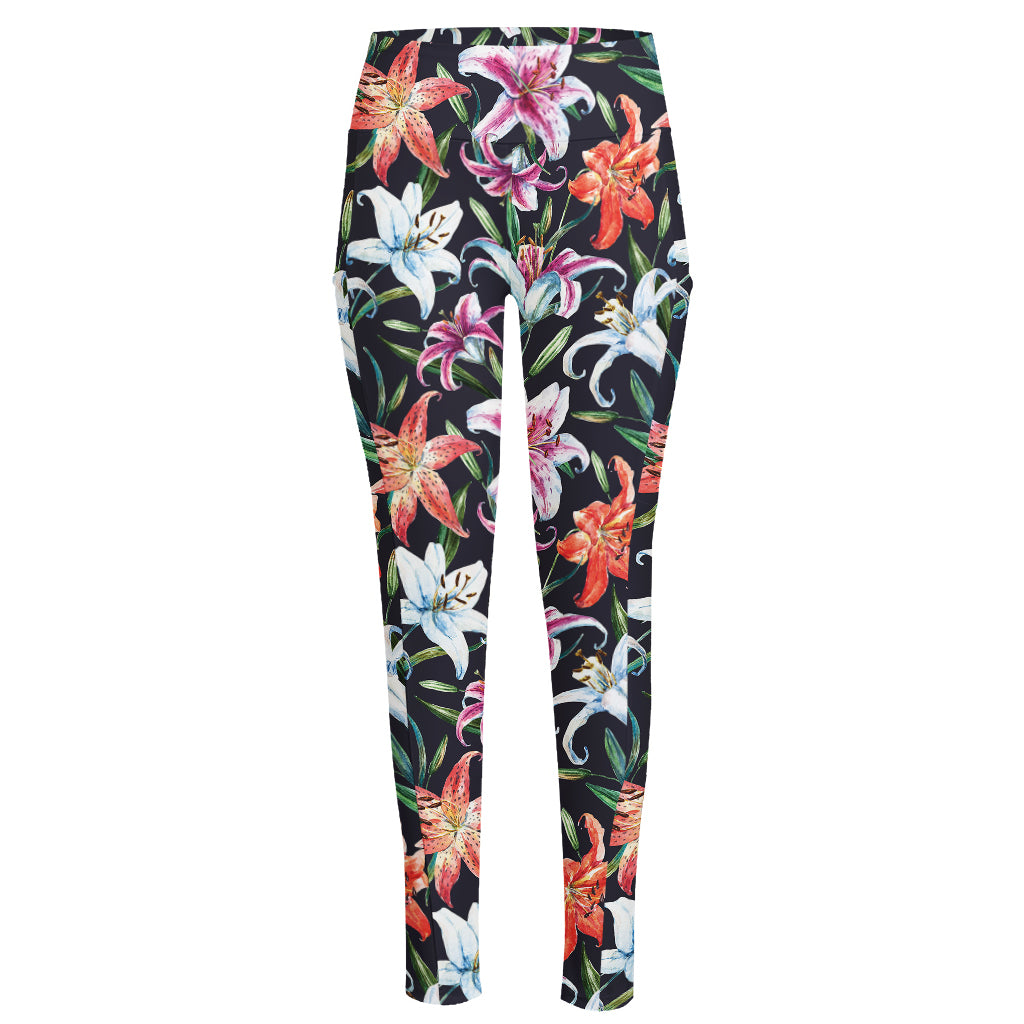 Watercolor Lily Flowers Pattern Print High-Waisted Pocket Leggings