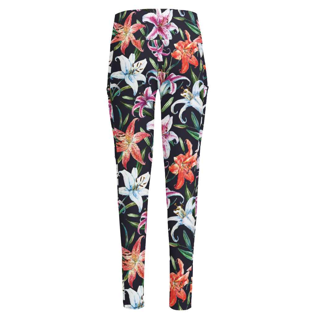 Watercolor Lily Flowers Pattern Print High-Waisted Pocket Leggings