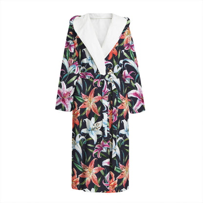 Watercolor Lily Flowers Pattern Print Hooded Bathrobe