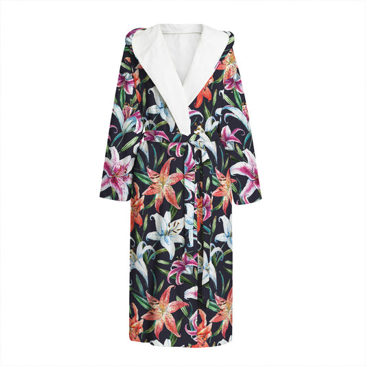 Watercolor Lily Flowers Pattern Print Hooded Bathrobe
