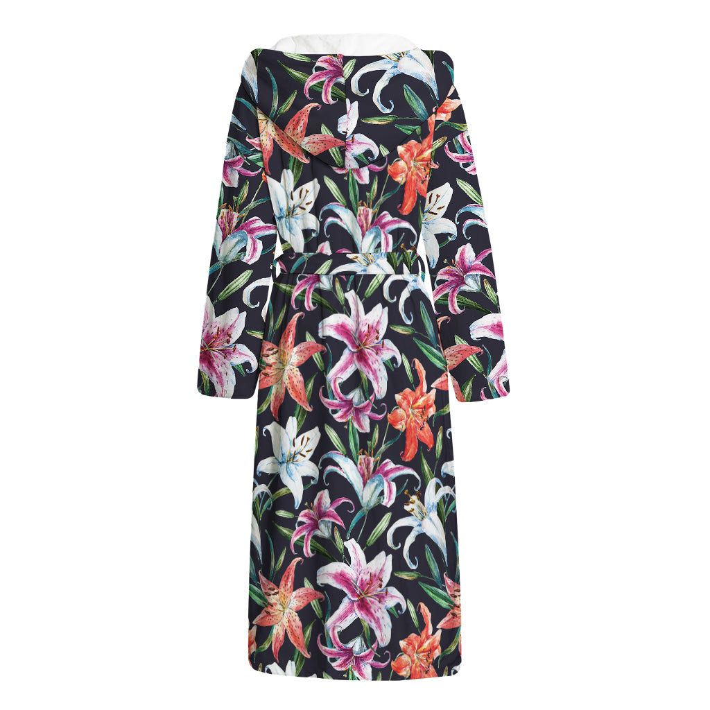 Watercolor Lily Flowers Pattern Print Hooded Bathrobe