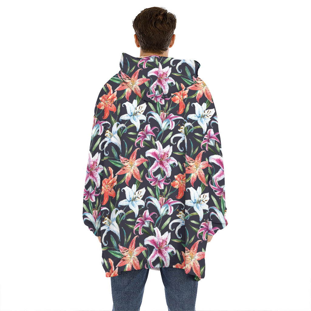Watercolor Lily Flowers Pattern Print Hoodie Blanket