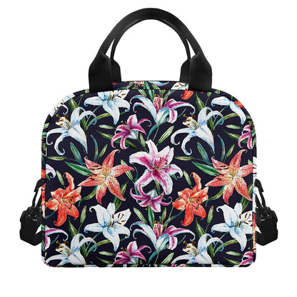 Watercolor Lily Flowers Pattern Print Insulated Lunch Bag