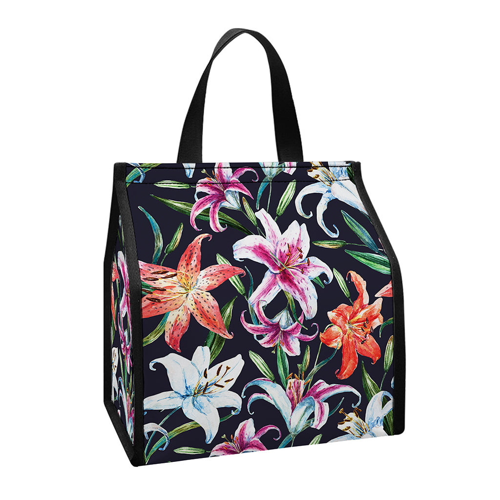 Watercolor Lily Flowers Pattern Print Insulated Lunch Tote