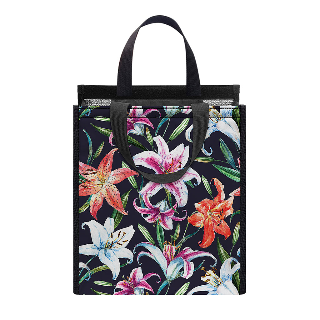 Watercolor Lily Flowers Pattern Print Insulated Lunch Tote