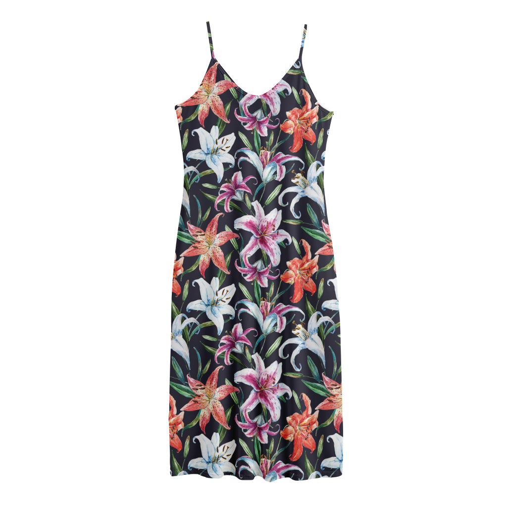 Watercolor Lily Flowers Pattern Print Jersey Midi Cami Dress