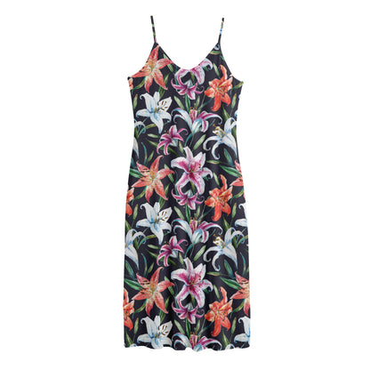 Watercolor Lily Flowers Pattern Print Jersey Midi Cami Dress