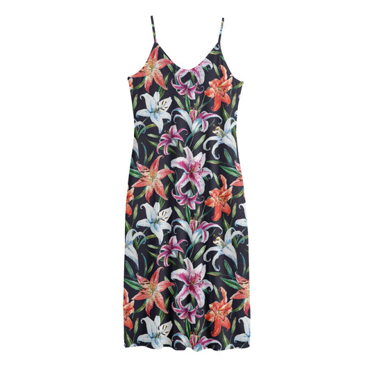 Watercolor Lily Flowers Pattern Print Jersey Midi Cami Dress