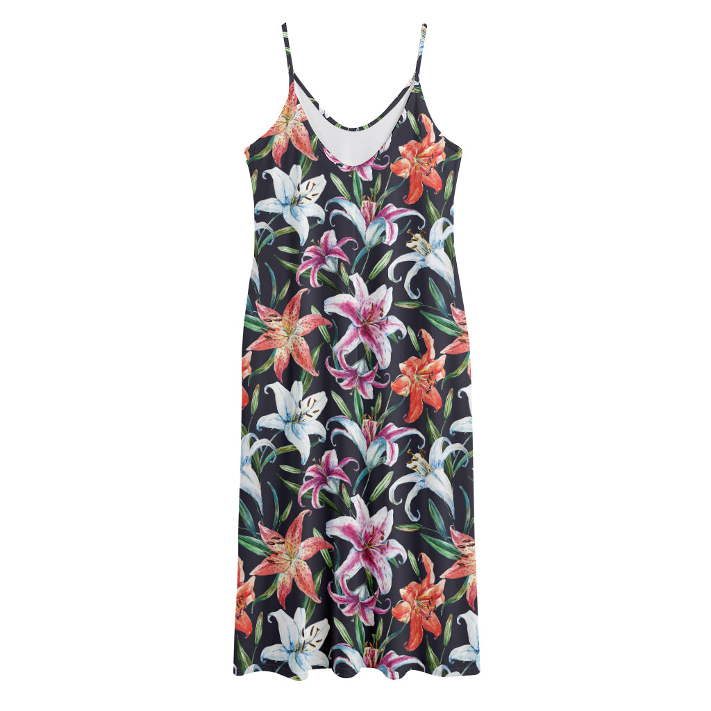 Watercolor Lily Flowers Pattern Print Jersey Midi Cami Dress