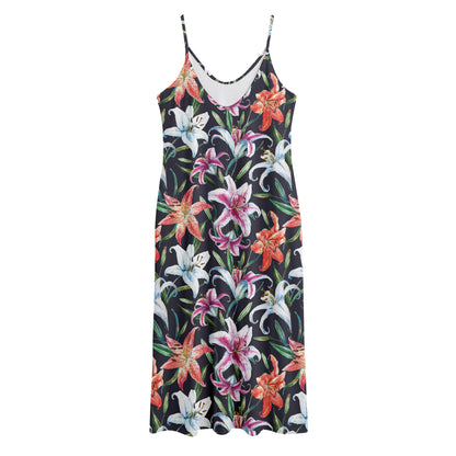 Watercolor Lily Flowers Pattern Print Jersey Midi Cami Dress