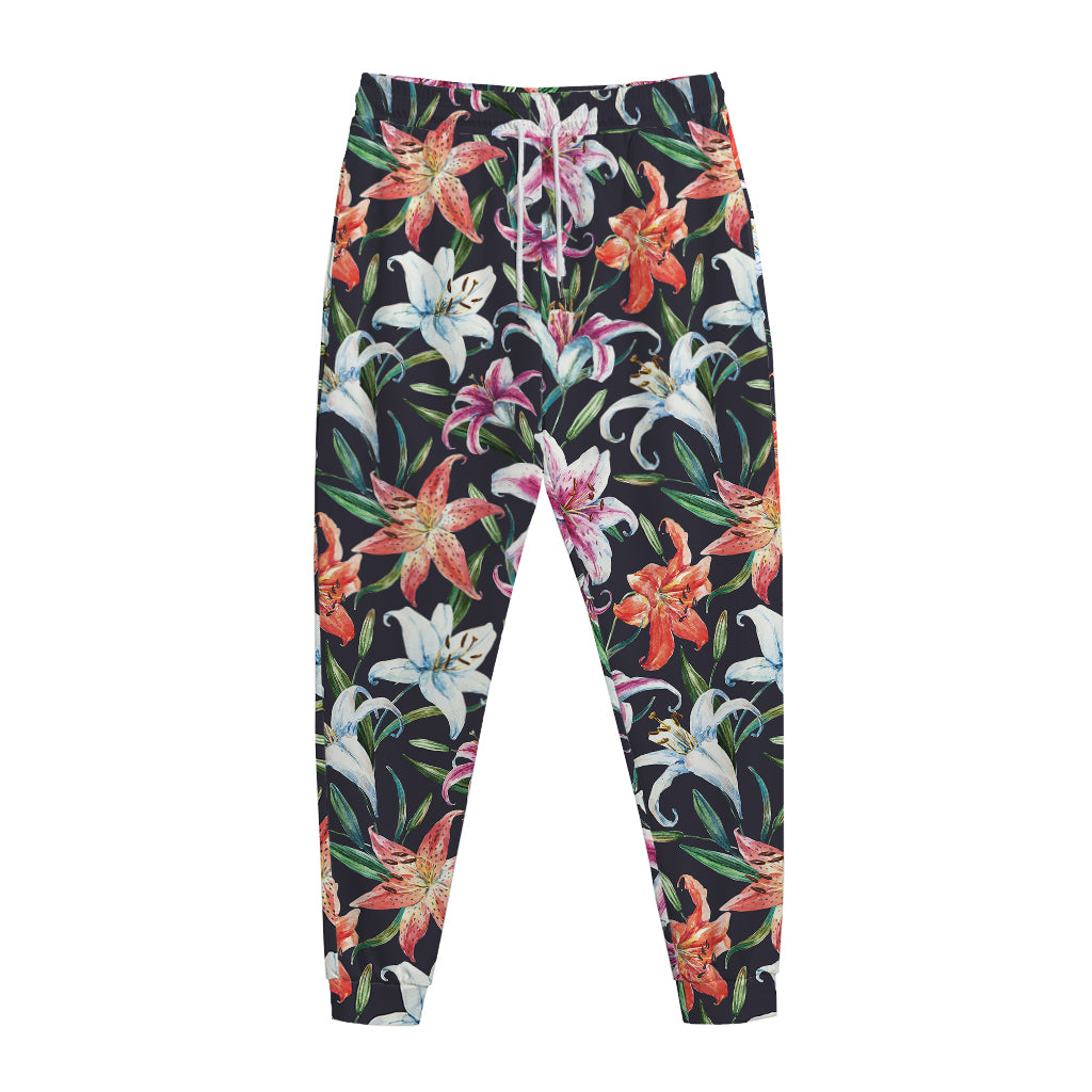 Watercolor Lily Flowers Pattern Print Jogger Pants