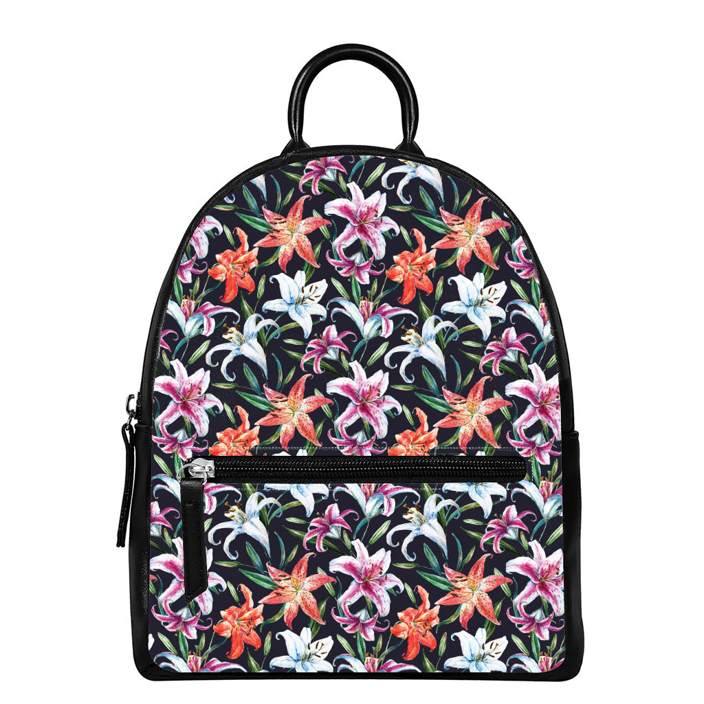 Watercolor Lily Flowers Pattern Print Leather Backpack