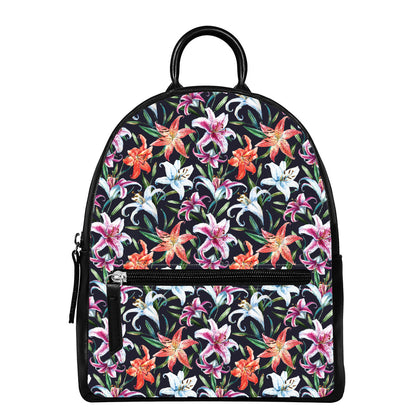 Watercolor Lily Flowers Pattern Print Leather Backpack