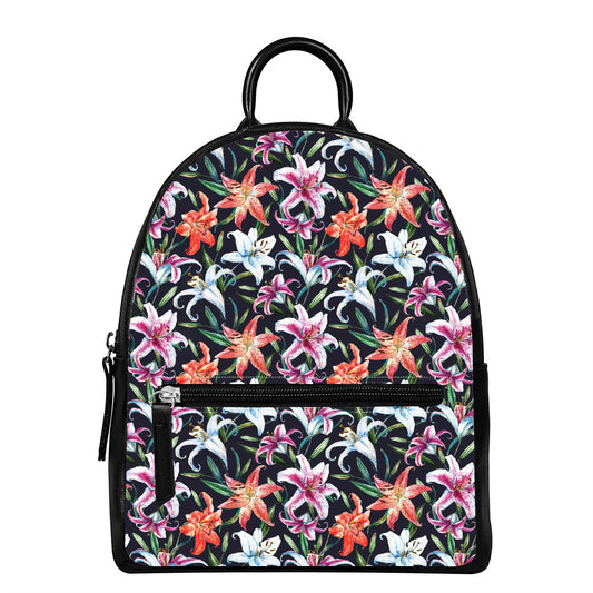 Watercolor Lily Flowers Pattern Print Leather Backpack