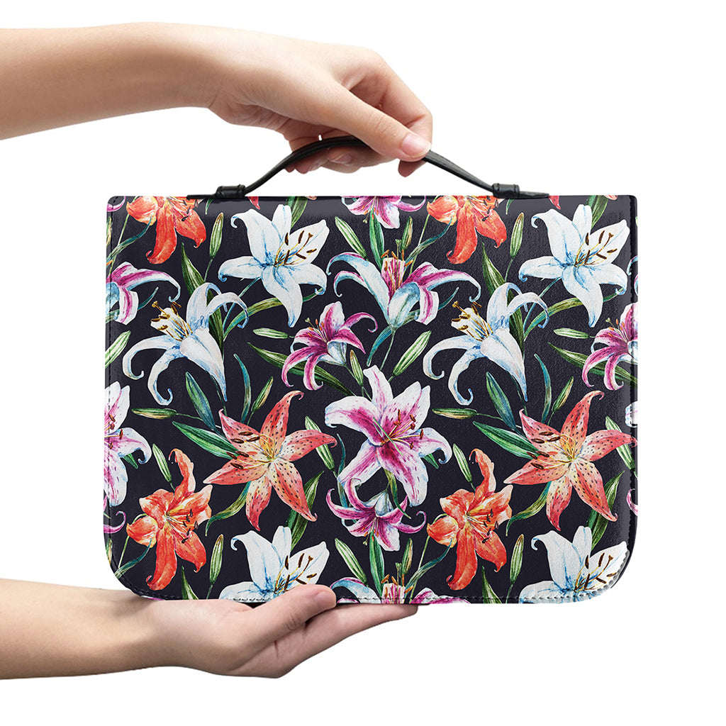 Watercolor Lily Flowers Pattern Print Leather Bible Cover