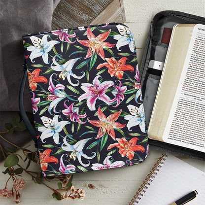 Watercolor Lily Flowers Pattern Print Leather Bible Cover