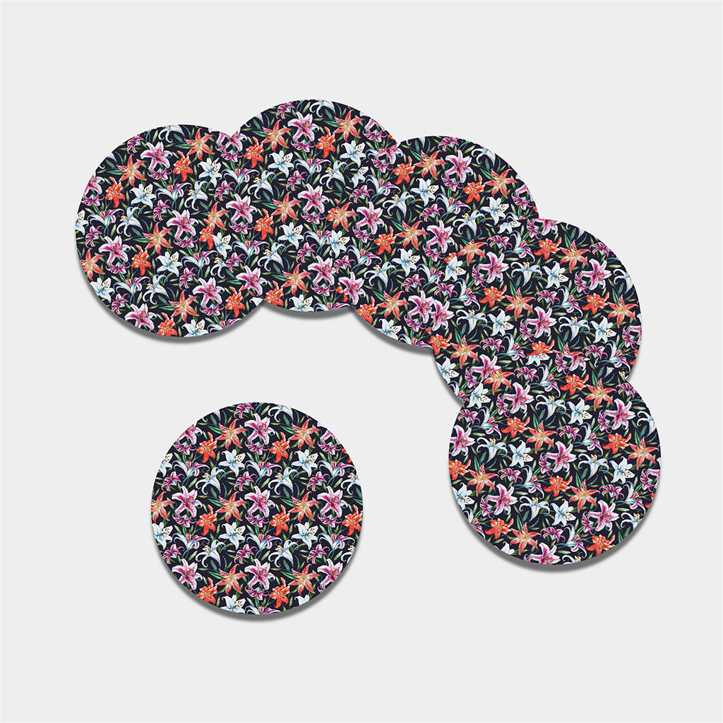 Watercolor Lily Flowers Pattern Print Leather Coaster Set