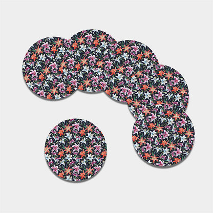 Watercolor Lily Flowers Pattern Print Leather Coaster Set