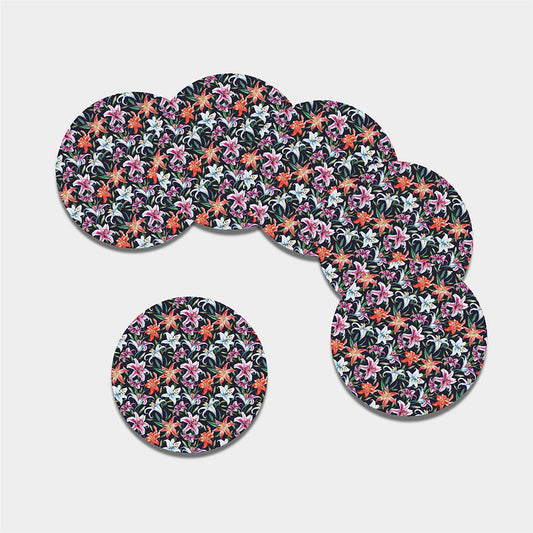 Watercolor Lily Flowers Pattern Print Leather Coaster Set