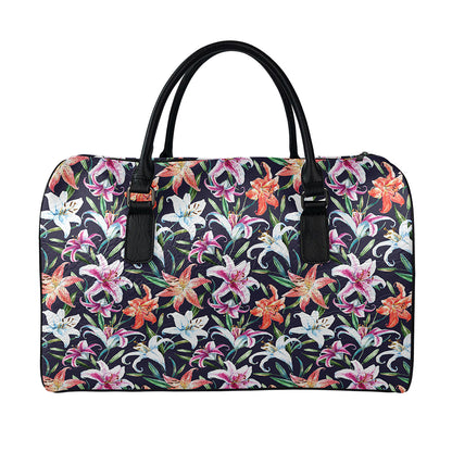 Watercolor Lily Flowers Pattern Print Leather Duffle Bag