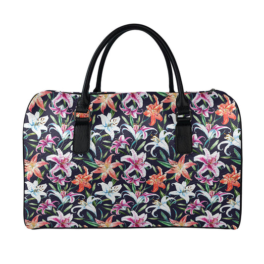 Watercolor Lily Flowers Pattern Print Leather Duffle Bag