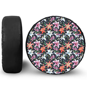 Watercolor Lily Flowers Pattern Print Leather Spare Tire Cover