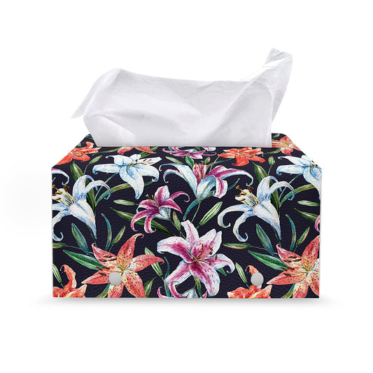 Watercolor Lily Flowers Pattern Print Leather Tissue Box Cover