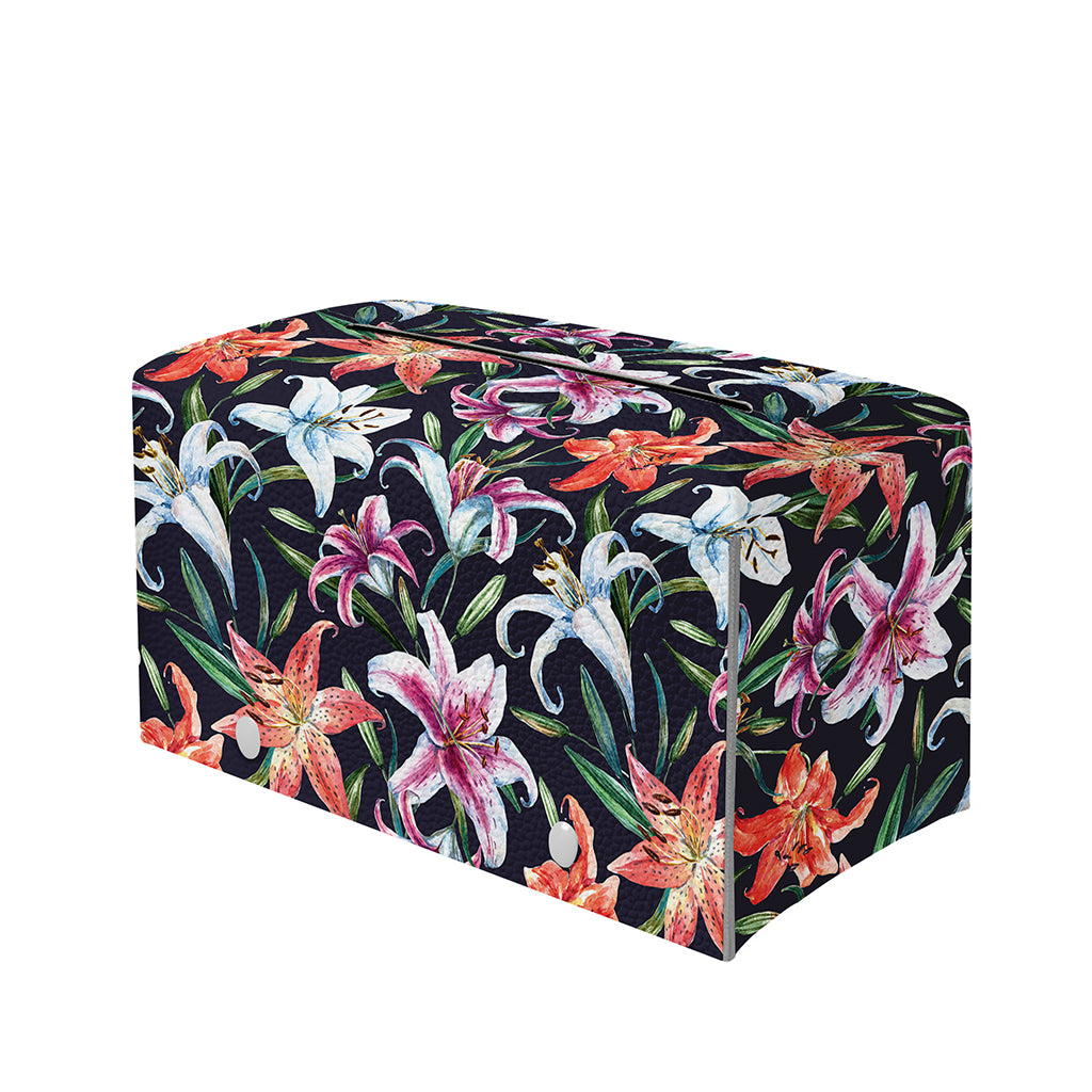 Watercolor Lily Flowers Pattern Print Leather Tissue Box Cover
