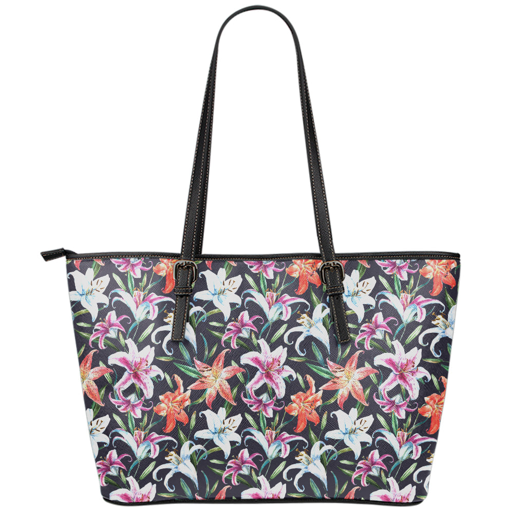 Watercolor Lily Flowers Pattern Print Leather Tote Bag