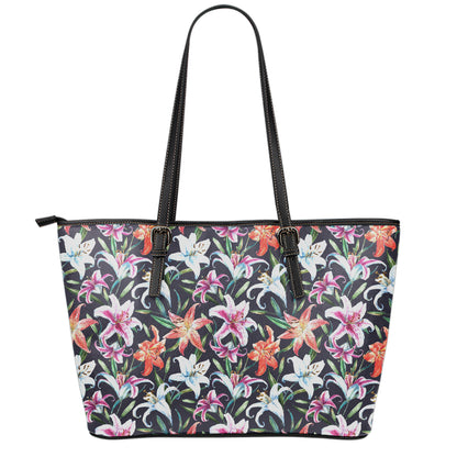 Watercolor Lily Flowers Pattern Print Leather Tote Bag