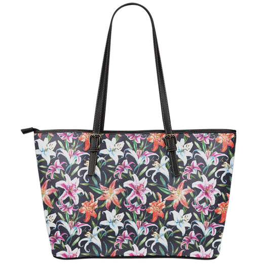 Watercolor Lily Flowers Pattern Print Leather Tote Bag