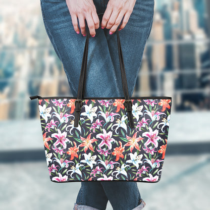 Watercolor Lily Flowers Pattern Print Leather Tote Bag