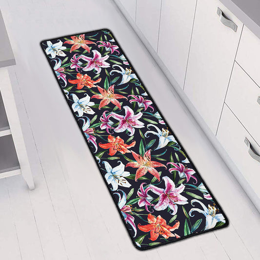 Watercolor Lily Flowers Pattern Print Long Kitchen Mat