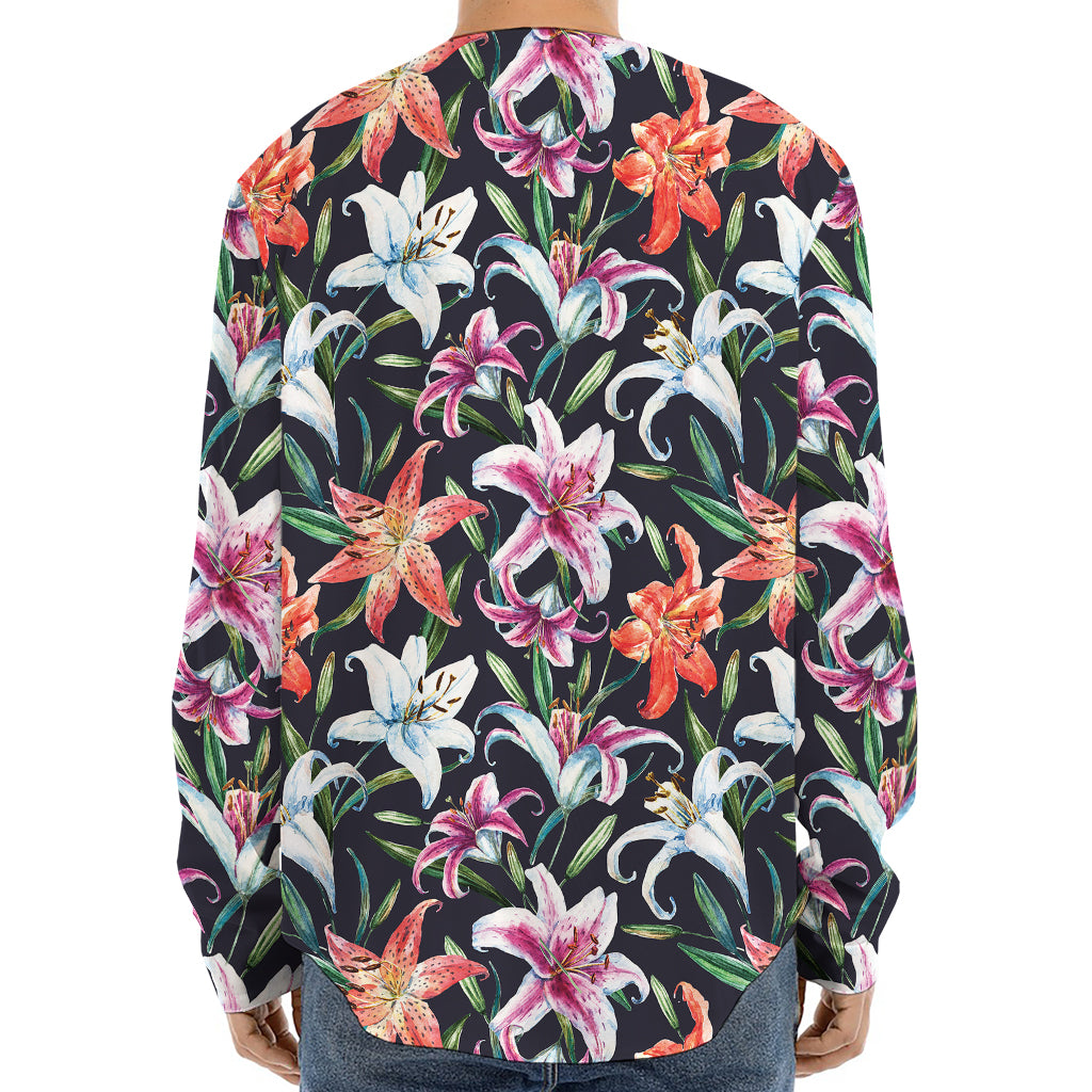 Watercolor Lily Flowers Pattern Print Long Sleeve Baseball Jersey