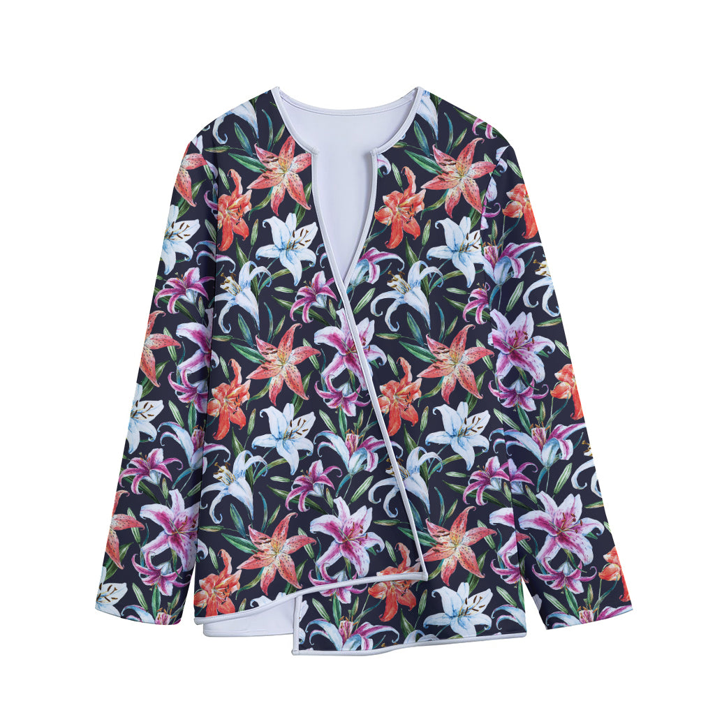 Watercolor Lily Flowers Pattern Print Long Sleeve Short Coat